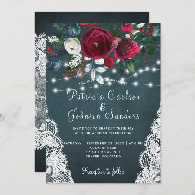 Rustic burgundy peonies winter lights lace wedding invitation (Front/Back)