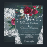 Rustic burgundy peonies winter lights lace wedding invitation<br><div class="desc">Elegant chic winter wedding stylish invitation template on dark pine green chalkboard featuring a beautiful red burgundy and white flowers bouquet with hunter green foliage, strings of white twinkle lights, lace corners, and a handwritten calligraphy script. Easy to personalise with your details! The invitation is suitable for elegant winter rustic...</div>
