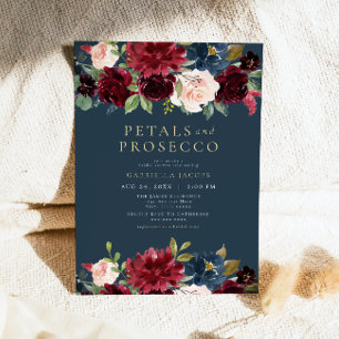 Rustic Burgundy Petals & Prosecco Bridal Shower Invitation