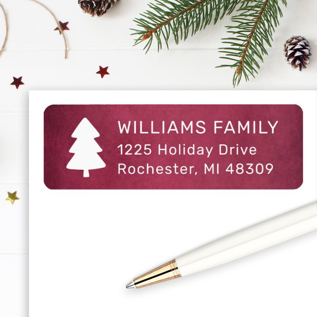 Rustic Burgundy Pine Tree Christmas Address Return Address Label (Creator Uploaded)
