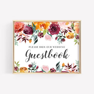 Rustic Burgundy Pink Fall Floral Wedding Guestbook