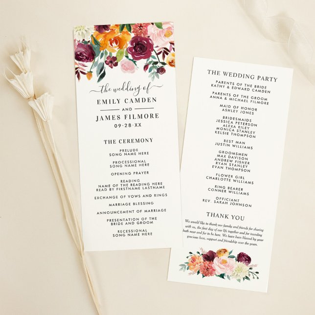 Rustic Burgundy Pink Fall Floral Wedding Program (Creator Uploaded)