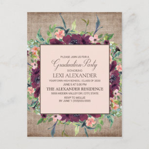Rustic Burgundy Pink Floral Burlap Graduation Postcard