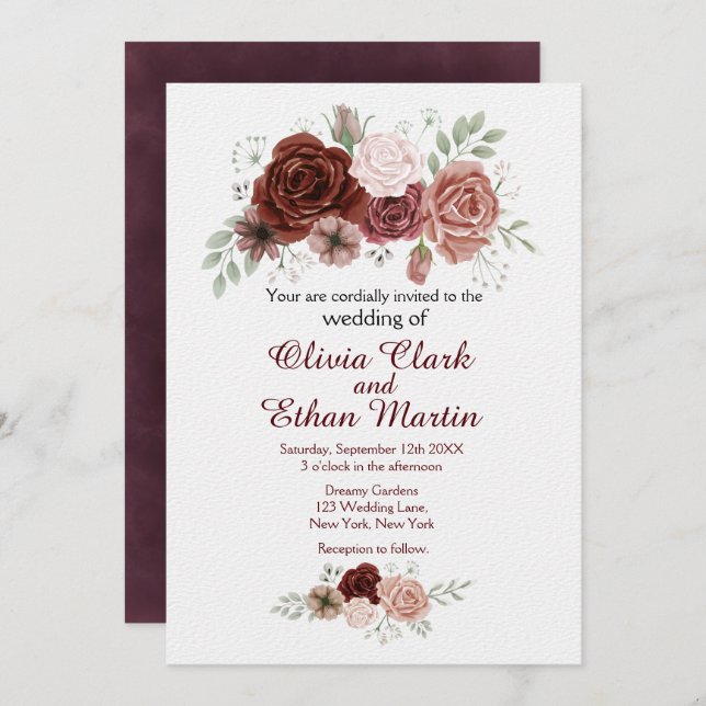 Rustic Burgundy Pink Floral Invitation (Front/Back)
