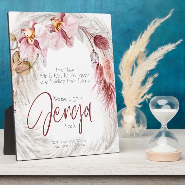  Rustic Burgundy Pink Ivory Pampas Grass Block Plaque (Side)