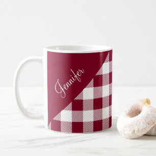 Rustic Burgundy Plaid Check Pattern Name Coffee Mug