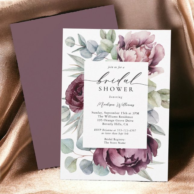 Rustic Burgundy Plum Floral Bridal Shower Invitation (Available as printed and paperless digital download!)