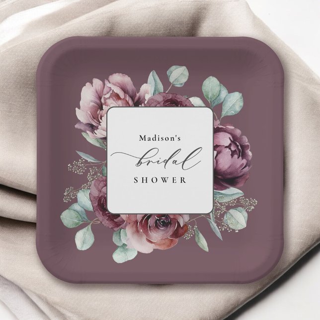 Rustic Burgundy Plum Floral Bridal Shower Paper Plate (Creator Uploaded)
