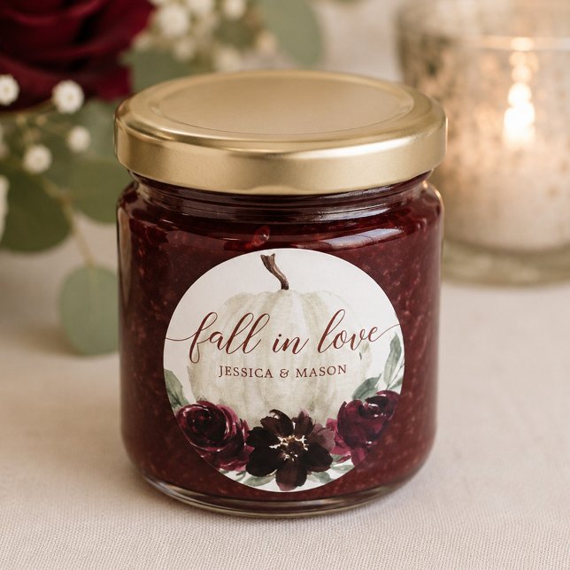 Rustic Burgundy Pumpkin Fall in Love Classic Round Sticker (Creator Uploaded)