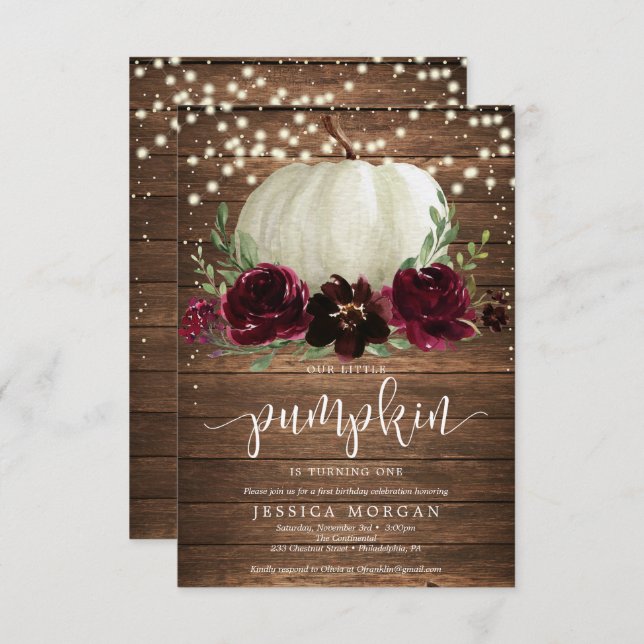 Rustic Burgundy Pumpkin First Birthday Invitation (Front/Back)