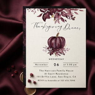 Rustic Burgundy Pumpkin Thanksgiving Dinner Invitation