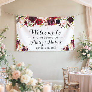 Rustic Burgundy Red Chic Floral Wedding Party Banner