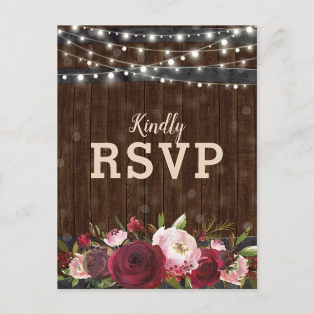 Rustic Burgundy Red Floral Barrel Wedding RSVP Invitation Postcard (Front)