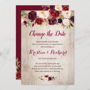 Rustic Burgundy Red Floral Change the Date Card