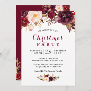 Rustic Burgundy Red Floral Chic Christmas Party Invitation