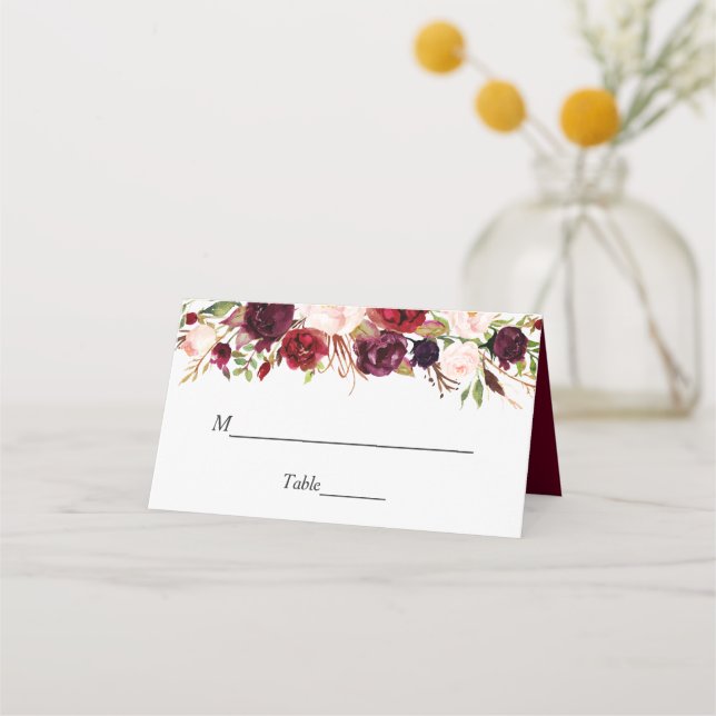 Rustic Burgundy Red Floral Chic Wedding Table Place Card (Front)