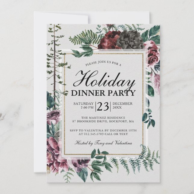 Rustic Burgundy Red Floral Christmas Party Invitation (Front)