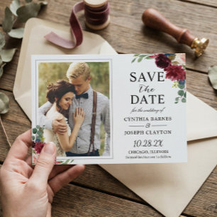 Rustic Burgundy Red Floral Classic Wedding Photo Save The Date