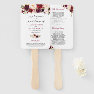 Rustic Burgundy Red Floral Classic Wedding Program Hand Fan