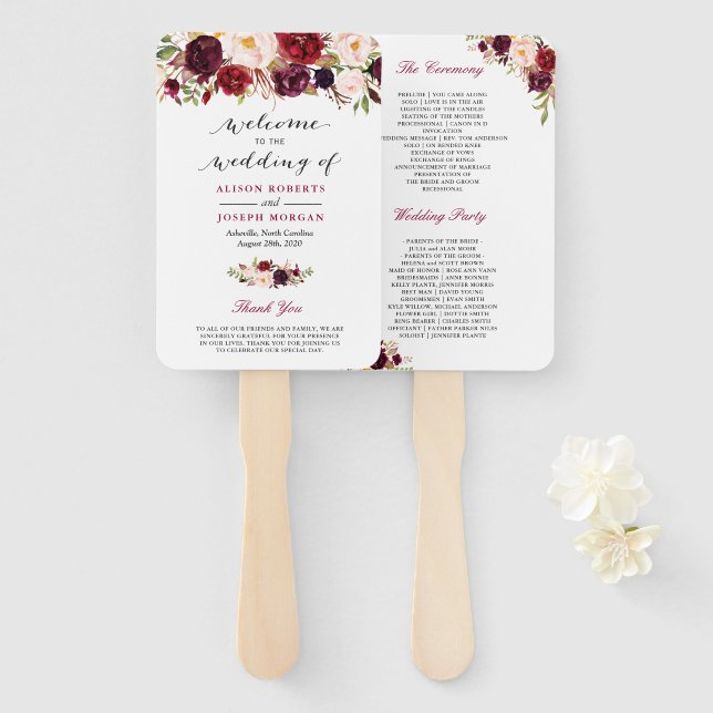 Rustic Burgundy Red Floral Classic Wedding Program Hand Fan (Front and Back)