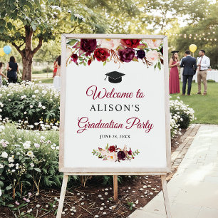 Rustic Burgundy Red Floral Graduation Party Sign