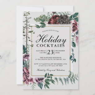 Rustic Burgundy Red Floral Holiday Cocktails Invitation