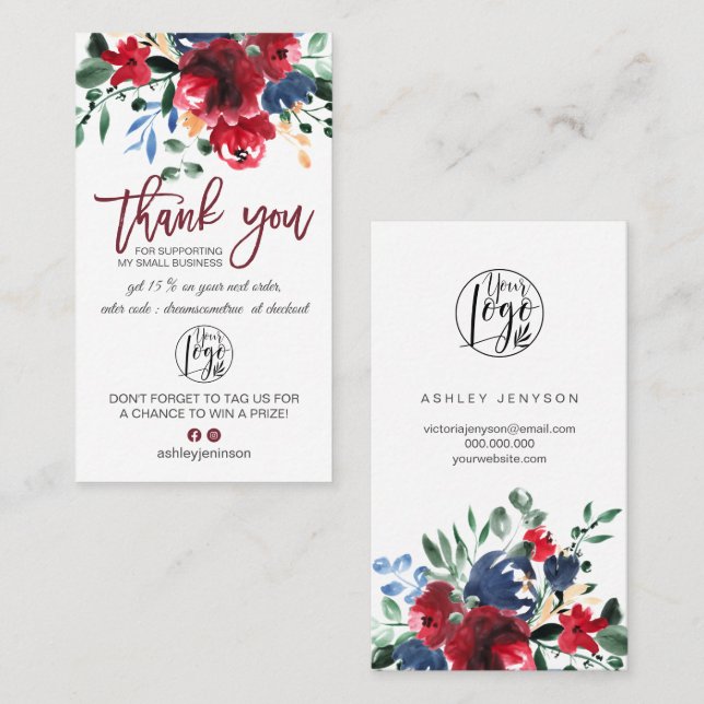 Rustic burgundy red floral logo order thank you business card (Front/Back)