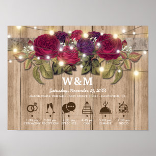 Rustic Burgundy Red Floral Wedding Day Timeline Poster