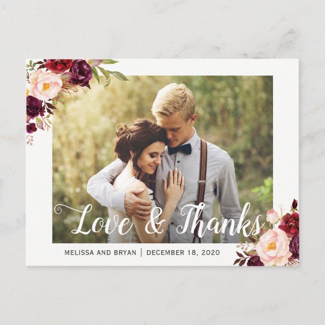 Rustic Burgundy Red Floral Wedding Photo Thank You Postcard (Front)