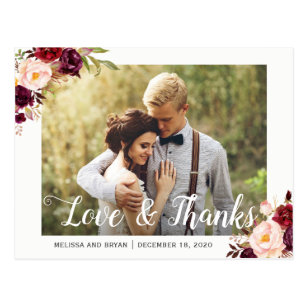 Rustic Burgundy Red Floral Wedding Photo Thank You Postcard