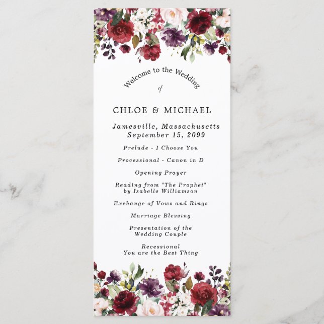 Rustic Burgundy Red Floral Wedding Program (Front)