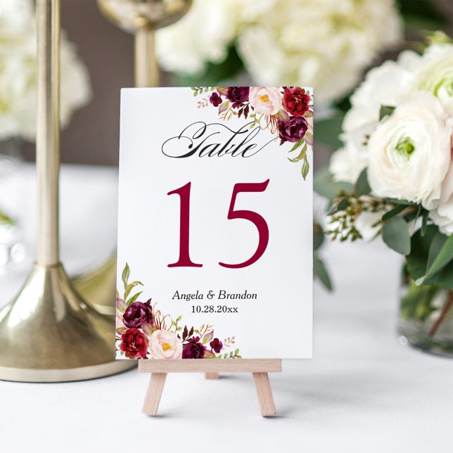 Rustic Burgundy Red Floral Wedding Table Number (Creator Uploaded)