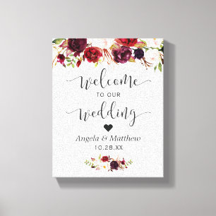 Rustic Burgundy Red Floral Welcome Wedding Sign