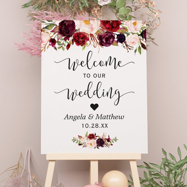 Rustic Burgundy Red Floral Welcome Wedding Sign (Creator Uploaded)