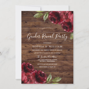 Rustic Burgundy Red Flowers Gender Reveal Party Invitation
