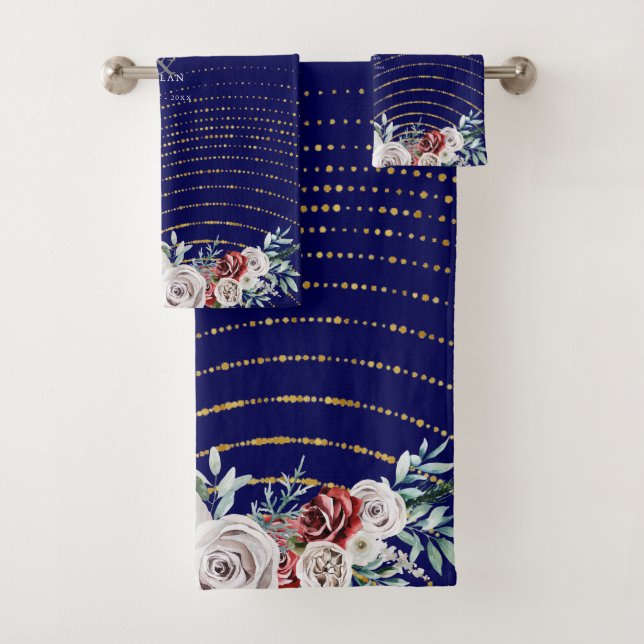  Rustic Burgundy Red Ivory Floral Navy Blue Bath Towel Set (Insitu)