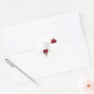 Rustic Burgundy Red Rose Floral Wedding Classic Round Sticker