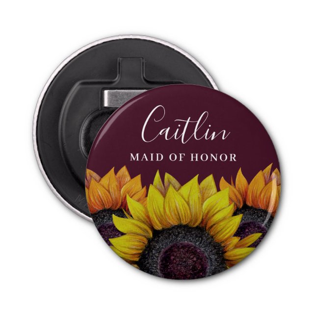 Rustic Burgundy Red Sunflower Maid of Honour Name Bottle Opener (Front)