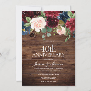 Rustic Burgundy Red Wine 40th Wedding Anniversary Invitation