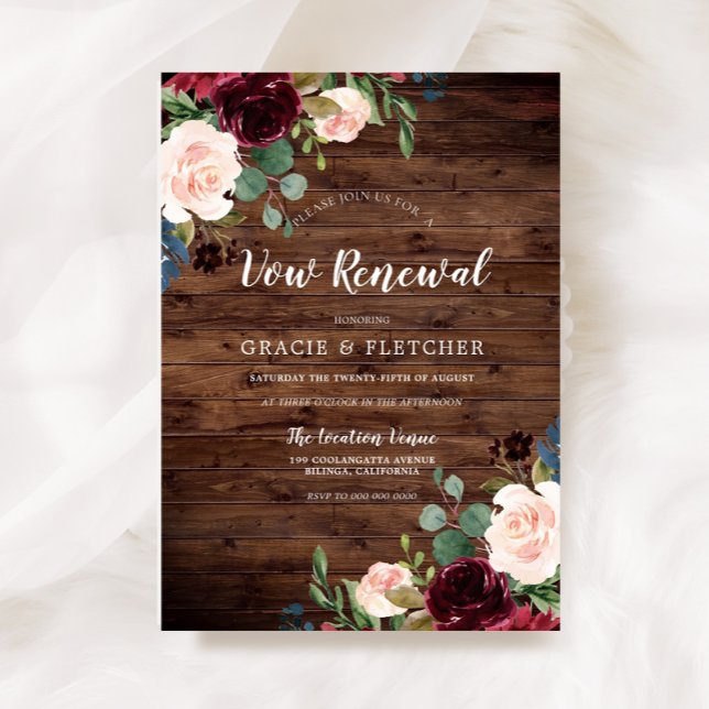 Rustic Burgundy Red Wine Flowers Vow Renewal Invitation (Creator Uploaded)