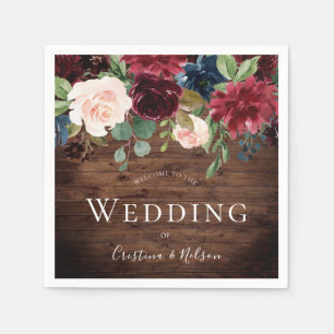 Rustic Burgundy Red Wine Flowers Wedding Napkin