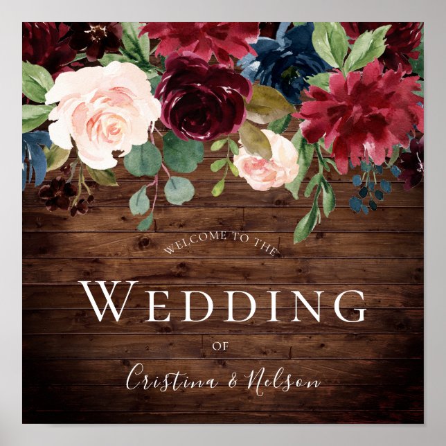 Rustic Burgundy Red Wine Welcome Wedding Sign (Front)