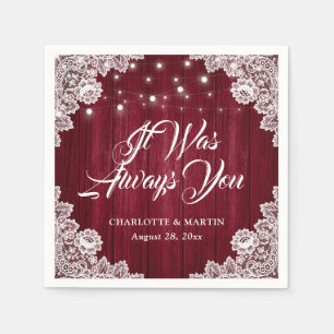 Rustic Burgundy Red Wood Lace Wedding Napkins