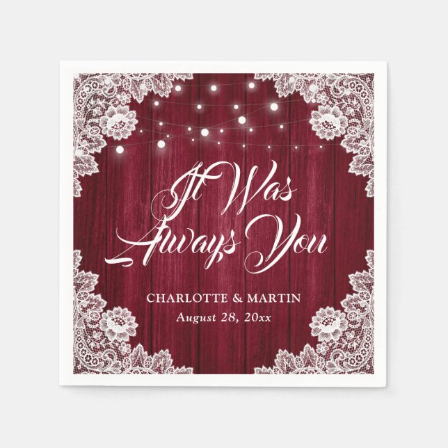 Rustic Burgundy Red Wood Lace Wedding Napkins (Front)