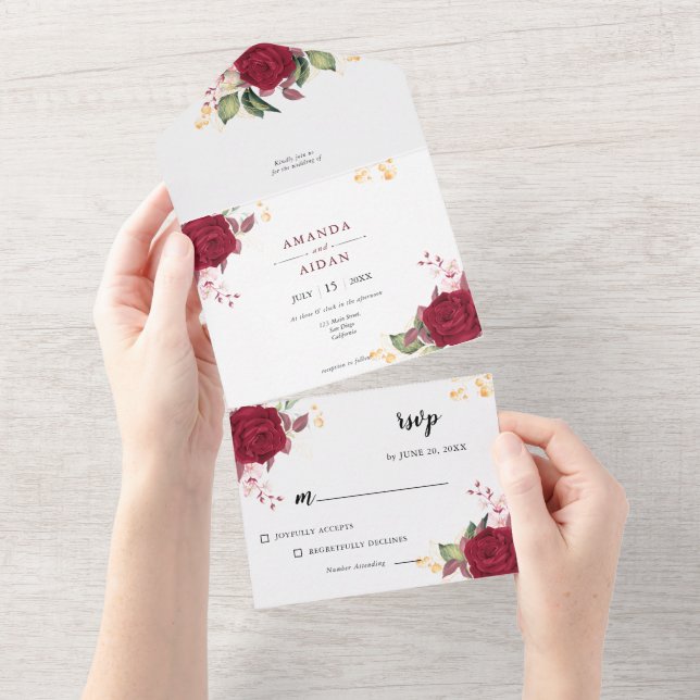 Rustic Burgundy Romantic Red Floral Wedding  All In One Invitation (Tearaway)