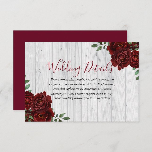 Rustic Burgundy Rose Romantic Wedding Reception Invitation (Front/Back)