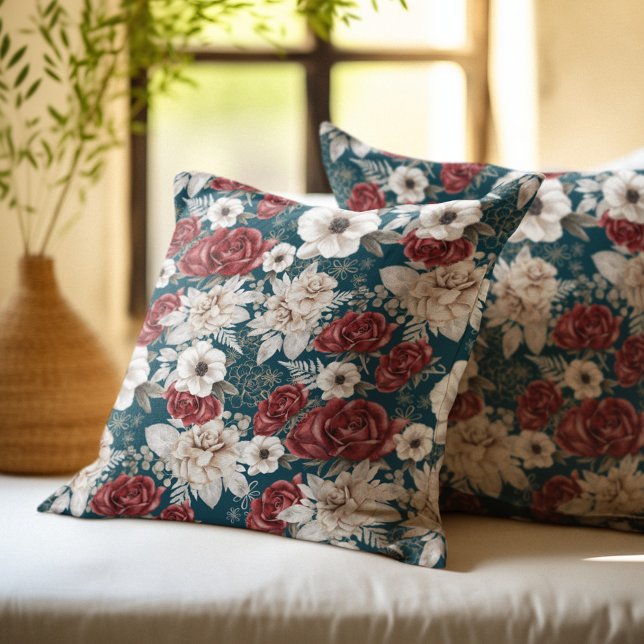 Rustic Burgundy Rose Teal Floral Pattern Cushion (Creator Uploaded)