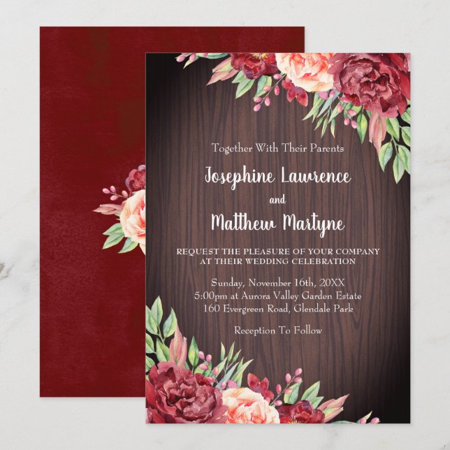 Rustic Burgundy Rose Watercolor Floral Wedding Invitation (Front/Back)