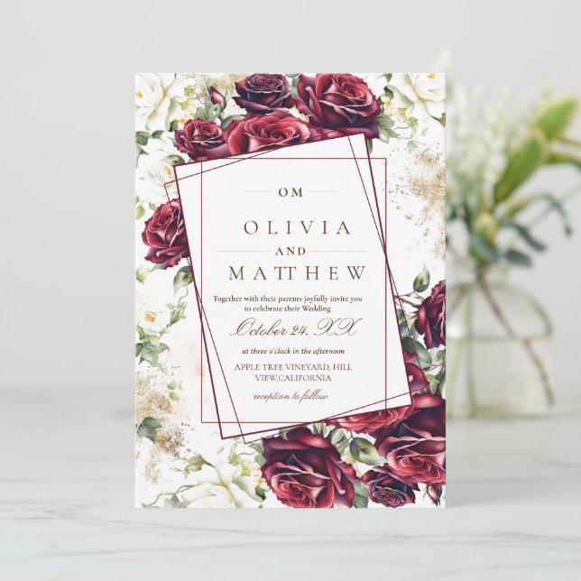 Rustic Burgundy Roses and Gold Floral Wedding  Invitation (Standing Front)