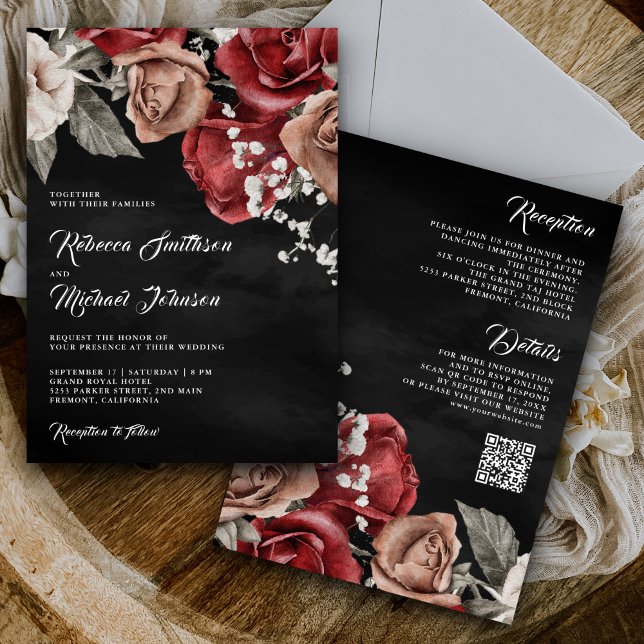 Rustic Burgundy Roses QR Code Black Wedding Invitation (Creator Uploaded)